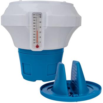 Preview: Doseur de chlore et brome robuste - Maintien stable du chlore pour piscine cristalline - Flotteur avec sécurité enfants, - Bleu/Blanc 17.5x18.5cm