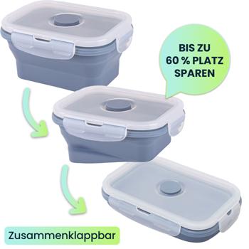 Preview: 4er-Set Silikon-Frischhaltedosen - Zusammenklappbare & faltbare Lunchbox, Bento Box, BPA-frei, mikrowellengeeignet, mit Clip-Verschluss Deckeln
