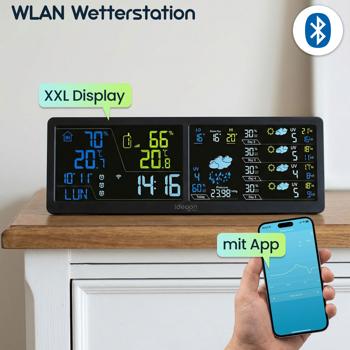 Preview: WLAN Wetterstation mit App & XXL Display: Tuya Smart Home, Aussen-Sensor, Weck-Alarm - Temperatur, Feuchtigkeit, UV Index, Wettervorhersage & mehr