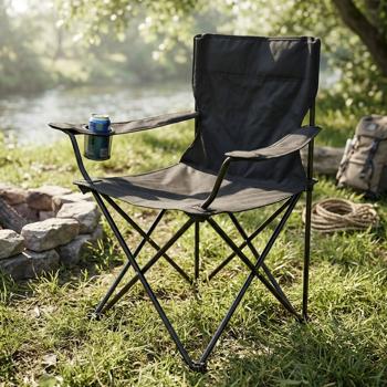 Preview: Sedia da campeggio pieghevole nera: con bracciolo e portabicchieri - Compatta, robusta e confortevole - la vostra compagna perfetta per l‘outdoor