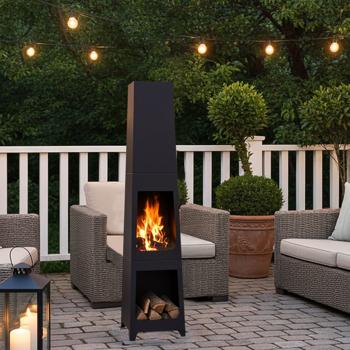 Elegante caminetto da giardino. nero: robusta stufa da patio, moderna e riscaldante - per serate accoglienti e un‘elegante atmosfera all‘aperto