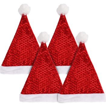 4er-Set Glitzernde Weihnachtsmütze mit roten Pailletten, 42 x 30 cm. Ideales Weihnachts-Accessoire für Partys, Feiern und festliche Anlässe