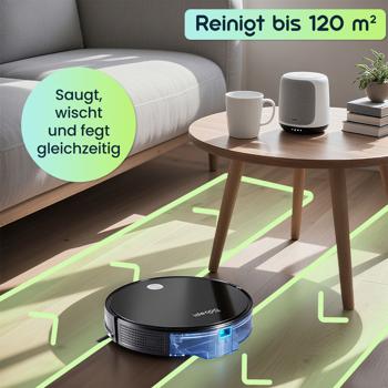 Preview: 3in1 Saug-Wischroboter: 3 kPa Leistung,  Automatischer Bodenreiniger mit bürstenlosem Motor und App-Steuerung. Reinigt bis 120 m², Ihr Smart Home Putzhelfer