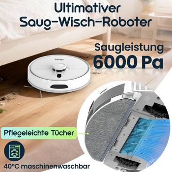 Preview: Ultimativer Saug-Wisch-Roboter 6000 Pa mit 2-in-1 Wischfunktion, Li-Ionen-Akku, Laser-Navigation - Smart-Home WLAN Saugwischer 