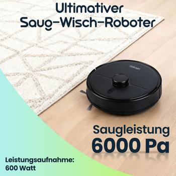 Preview: Ultimativer Saug-Wisch-Roboter 6000 Pa mit 2-in-1 Wischfunktion, schwarz - Li-Ionen-Akku, Laser-Navigation - Smart-Home WLAN Saugwischer 