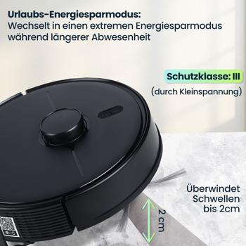 Preview: Ultimativer Saug-Wisch-Roboter 6000 Pa mit 2-in-1 Wischfunktion, schwarz - Li-Ionen-Akku, Laser-Navigation - Smart-Home WLAN Saugwischer 