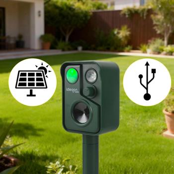 Preview: Set of 2 ultrasonic animal repellers with PIR sensor & LED flash light - 13.5–45.5 kHz, reliable solar animal scarer against martens, dogs and cats, birds