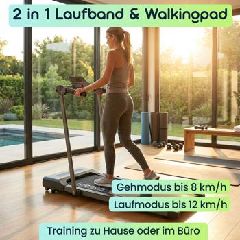 Preview: 2 in 1 Laufband & Walkingpad bis 12km/h, faltbar, App-Steuerung, Touchscreen, Fernbedienung & Tablet-Halterung, Belastbarkeit 110kg, Profi-Heimsport