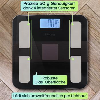 Preview: Solar-Akku Körperfettwaage aus Glas, präzise Körperanalyse, 180 kg, App & Bluetooth für Fitness-Erfolge, Kompatibel zu Google Fit & Apple Health