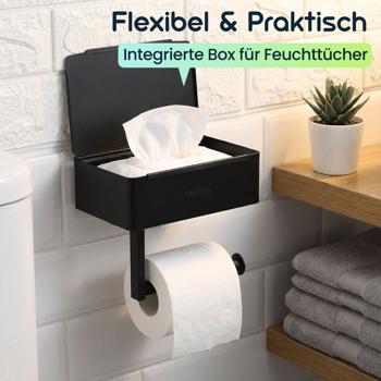 Preview: Toilettenpapierhalter mit Feuchttücherbox und Handyablage aus Edelstahl – Klopapierhalterung mit Fach für Feuchttücher, ohne Bohren