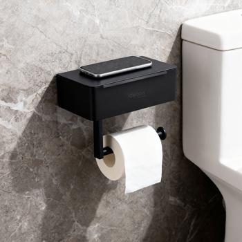 Preview: Toilet paper holder with wet wipe box and phone shelf made of stainless steel – toilet roll holder with compartment for wet wipes, no drilling required