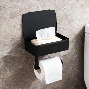 Preview: Toilet paper holder with wet wipe box and phone shelf made of stainless steel – toilet roll holder with compartment for wet wipes, no drilling required