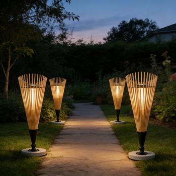 Preview: Set of 4 decorative 60 cm bamboo solar lanterns: modern garden solar light with atmospheric illumination, weatherproof IP44