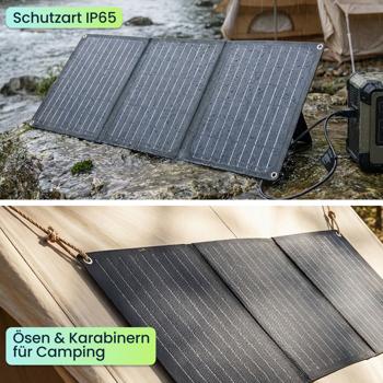 Preview: Faltbares Solarpanel 21W Monokristallin - Tragbares Solarladegerät IP65 mit MC4-komp. Stecker, DC Adapter, Ösen & Karabinern für Camping