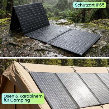 Preview: Faltbares Solarpanel 40W Monokristallin - Tragbares Solarladegerät IP65 mit MC4-komp. Stecker, DC Adapter, Ösen & Karabinern für Camping
