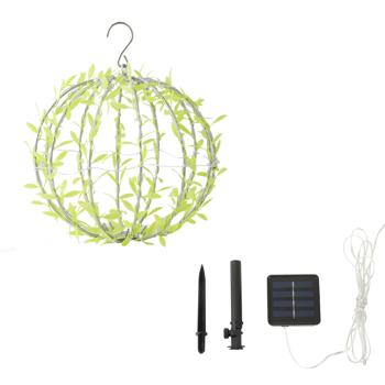Preview: 4er-Set Solar Leuchtkugel im Blätterdesign - Ø20cm Gartenkugel mit 72 warmweissen LEDs - IP44 Aussenleuchte inkl. Erdspiess, S-Haken und Solarpanel