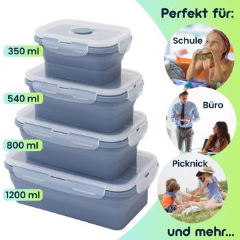Preview: 8er-Set Silikon-Frischhaltedosen - Zusammenklappbare & faltbare Lunchbox, Bento Box, BPA-frei, mikrowellengeeignet, mit Clip-Verschluss Deckeln