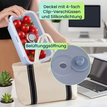 Preview: 8er-Set Silikon-Frischhaltedosen - Zusammenklappbare & faltbare Lunchbox, Bento Box, BPA-frei, mikrowellengeeignet, mit Clip-Verschluss Deckeln