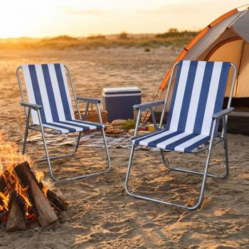 Set of 2 blue/white camping chairs – foldable, robust & space‑saving for camping, outdoor, festivals, beach & picnic – steel tube frame, 600D polyester