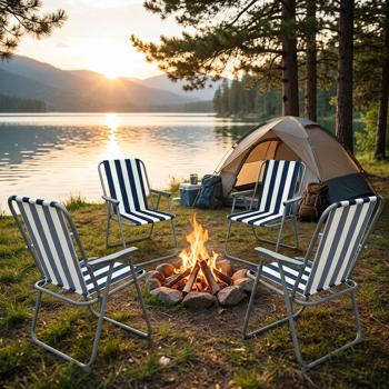Set of 4 camping chairs blue/white – foldable, robust & space-saving for camping, outdoor, festivals, beach & picnics – steel tube frame, 600D polyester