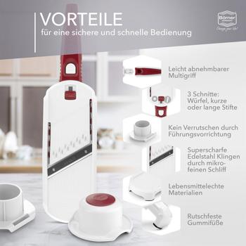 Preview: Profi Gemüse-Hobel, weiss-rot: Julienne Gemüseschneider für perfekte Gemüsestreifen & Rohkost-Rezepte