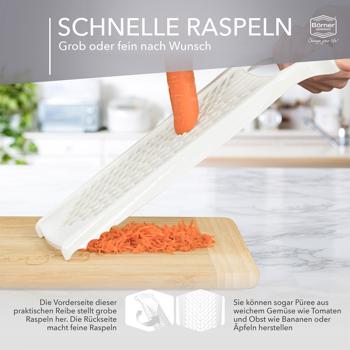 Preview: Profi Küchenreibe Weiss - Vielseitige Raffel für Obst, Käse, Gemüse & Zesten - 2 Reibflächen - Made in Germany, BPA-frei, 34x13x3.7cm
