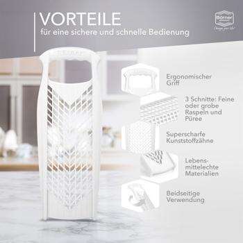 Preview: Profi Küchenreibe Weiss - Vielseitige Raffel für Obst, Käse, Gemüse & Zesten - 2 Reibflächen - Made in Germany, BPA-frei, 34x13x3.7cm