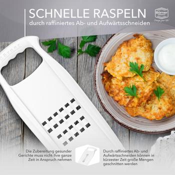 Preview: Profi Rösti-Reibe weiss - Ideal für knusprige Röschti & Zucchinipuffer - Made in Germany - BPA-frei - Schnelle Kartoffelverarbeitung - 34x13x3,7 cm