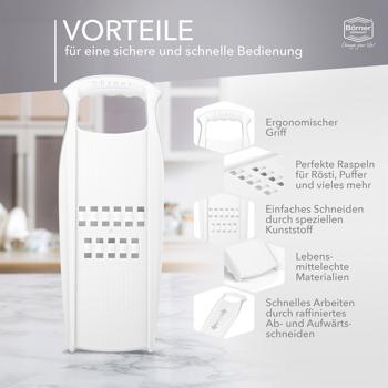 Preview: Profi Rösti-Reibe weiss - Ideal für knusprige Röschti & Zucchinipuffer - Made in Germany - BPA-frei - Schnelle Kartoffelverarbeitung - 34x13x3,7 cm