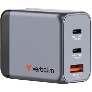 Travel USB charging adapter (EU, UK, US), GaN, 65 watts, 2x USB-C and 1x USB-A, gray: A universal quick charger for cell phones & laptops worldwide