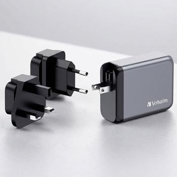 Reise USB-Ladeadapter (EU, UK, US), GaN, 100 Watt, 3x USB-C und 1x USB-A, grau: Ein universelles Schnellladegerät für Handy & Laptop weltweit