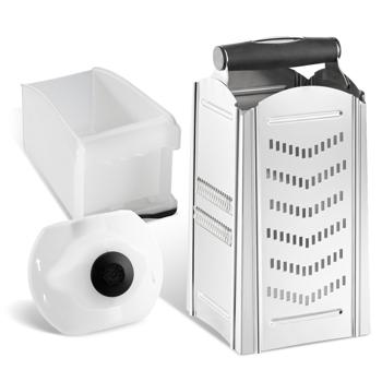 Professional square grater with collecting tray and fruit holder: quick cheese & vegetable grater for perfect rösti & salads