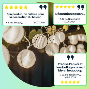 Preview: Guirlandes Lumineuses LED Solaires - 20 Lampions Blancs IP44 - Éclairage Ambiance Jardin, Terrasse, Balcon - 3.8m Blanc Chaud