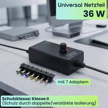 Preview: Universal Netzteil 36W, 5-24V - AC/DC Schaltnetzteil mit 7 Adaptern für Router, LED-Strips, Monitore, Kameras & mehr - Flexibles Ersatznetzteil, 3A