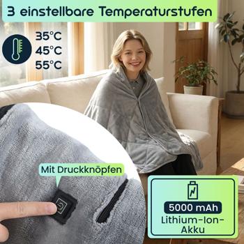 Preview: Heizdecke 135x180 cm aus Polarfleece mit Druckknöpfen, elektrische Wärmedecke mit 3 Stufen, auch als Heizkissen nutzbar, kuschelweiche Kuscheldecke