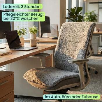 Preview: Beheizbares Sitzkissen mit Rückenteil, Akku: Mobile Heizmatte für Zuhause, Auto & Büro, 3 Stufen Wärme, ergonomische Sitzauflage, 45 x 135 cm