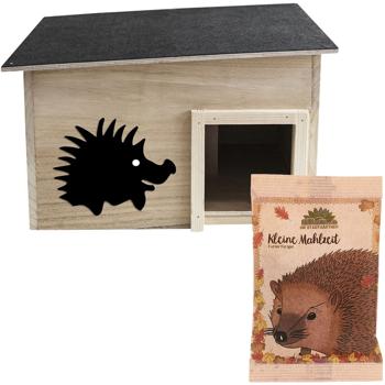 Set completo: casetta per ricci di alta qualità in legno FSC, 40x32x24 cm con cibo per ricci “Kleine Mahlzeit“ - per un luogo sicuro di nidificazione e letargo
