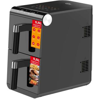 Preview: Friteuse à air chaud double XXL 11 L - Fonction Sync cuisson coordonnée sans huile ni graisse - 1700 W - Noir - 2 zones 80-200°C