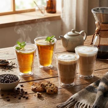 set of 4 elegant double-walled glasses with fluting - 330 ml - Thermo function for the best enjoyment of coffee & tea