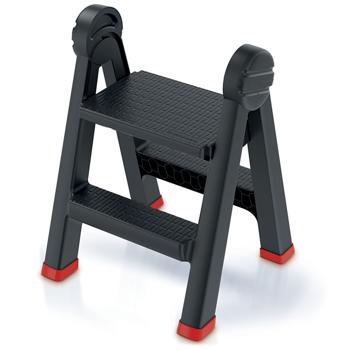 Preview: Escabeau double pliable 2 marches - Sûr, stable, compact pour cuisine/maison/jardin - Plastique robuste, antidérapant, charge 150 kg, 47x43.5x63cm