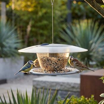 Modern bird house for hanging - durable & easy-care, stylish, stone-grey feeding station for lively wildlife in the garden