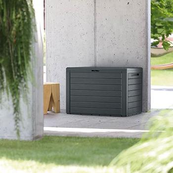 Preview: Coffre de jardin robuste aspect bois anthracite - Rangement idéal coussins jouets outils - Plastique résistant intempéries UV 190L - 78x55x43,8 cm
