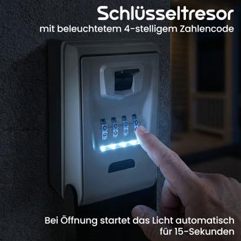 Preview: Schlüsseltresor mit beleuchtetem 4-stelligem Zahlencode - extra sicheres Schlüsselversteck für Wandmontage; Wetterfest durch Schutzhaube