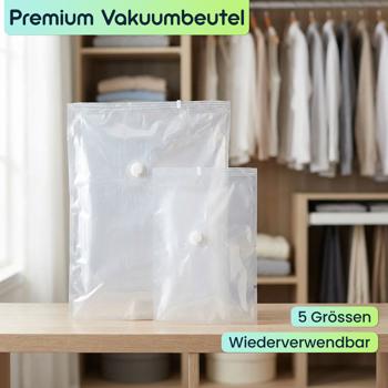 Preview: Premium Vakuumbeutel Set 15 Stück in 5 Grössen für Kleidung & Bettwäsche – Wiederverwendbare Platzsparer für Reise & Schrank – Transparent