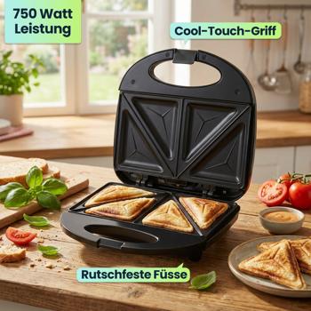 Preview: Sandwichmaker für 2 Sandwiches mit 750 Watt Leistung, Antihaftbeschichtung, Cool-Touch-Griff,  Sandwich-Toaster für die schnelle Küche