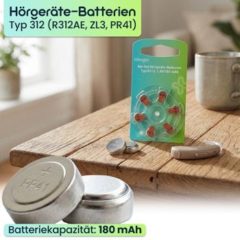 Preview: 6er-Set Hörgeräte-Batterien Typ 312 A312 (PR41, ZL3, R312AE) – 1,4V Knopfzellen mit 180 mAh Kapazität – Zuverlässige Energie mit brauner Kennzeichnung