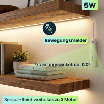 Preview: 3m LED Streifen warmweiss mit Bewegungsmelder & Batteriebetrieb - Selbstklebendes Lichtband, Nachtlicht Stripe, 90 LEDs, 5W