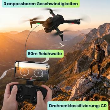 Preview: Faltbarer RC-WLAN-Quadrocopter mit HD-Kamera, Hinderniserkennung & Zusatz-Akku - Brushless Drohne C0 für Anfänger, 80m Reichweite, App