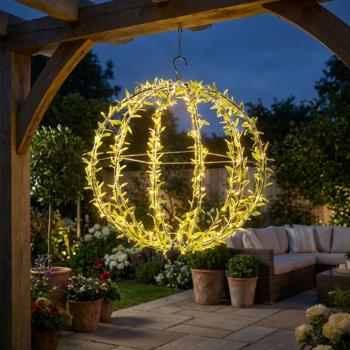Solar light sphere in leaf design – Ø40 cm garden sphere with 144 warm white LEDs – IP44 outdoor light incl. ground spike, S-hook and solar panel