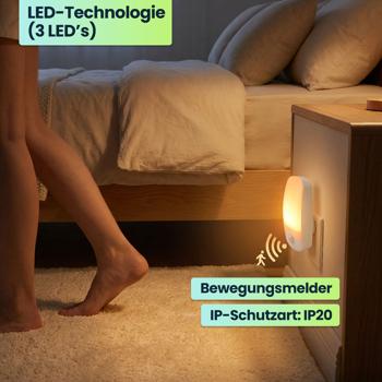 Preview: 2er-Set LED Nachtlicht Stecker mit Bewegungsmelder & Dämmerungssensor, Steckdosen-Orientierungslicht, 11 Lm Warmweiss, für Flur, Treppe & Kinderzimmer